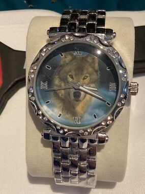 Men's Silver Wolf Face Bracelet Watch - Silver Tone